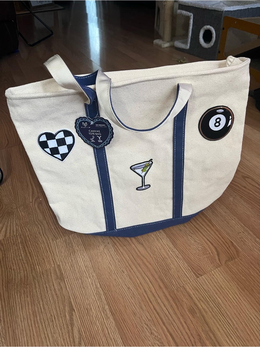 Canvas Patch Tote with Navy Trim - Cream